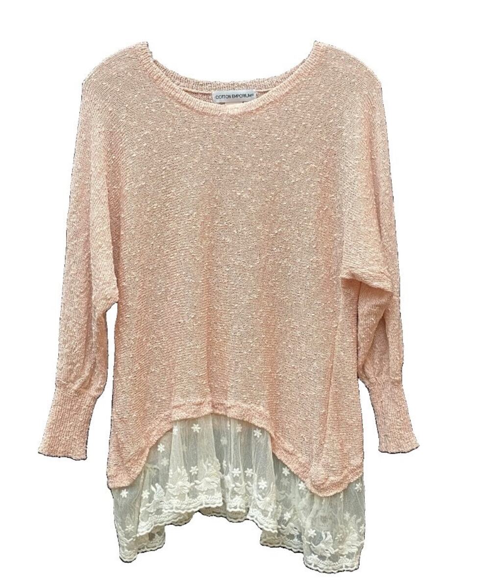 Cotton Emporium Blush Pink Lace-Trim Knit Pullover Sweater Large Romantic Boho